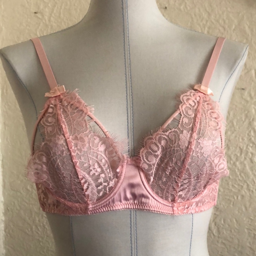 Oh La La Cherie Pink Eyelash Floral Lace Bondage Bralette Satin Bow S Coquette